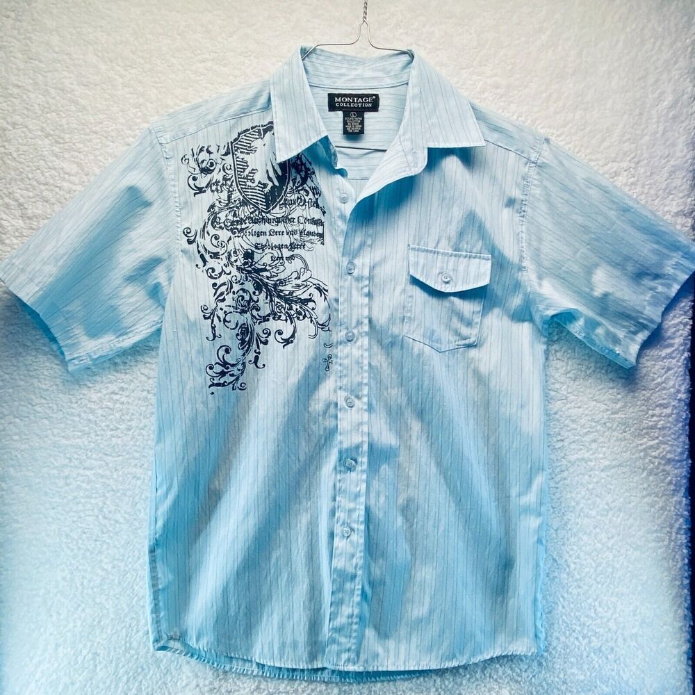 Montage Collection Men's Shirt Blue Gray Stripe Short Sleeve Pocket Large